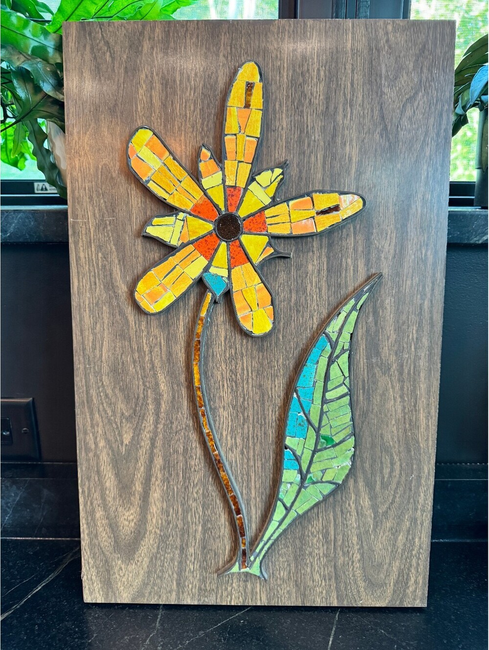 Vibrant Handcrafted Vintage Mosaic Flower Wood Plaque Wall Art